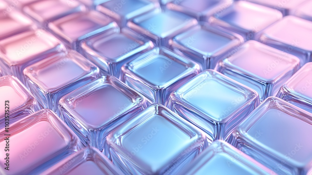 Modern geometric pattern of holographic glass squares with iridescent blue-purple gradients, featuring transparent shapes and crystal surfaces in minimalist 3D rendering style. Modern geometric pattern of holographic glass squares with iridescent blue-purple gradients, featuring transparent shapes and crystal surfaces in minimalist 3D rendering style.