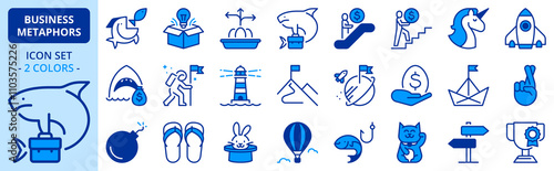 Icons in two colors  about business and finances metaphors and idioms.
