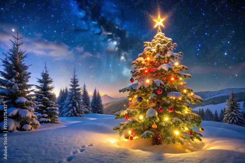 Enchanting Christmas Tree Illuminated by Twinkling Lights in a Serene Winter Landscape at Night, Creating a Magical Holiday Atmosphere with a Snowy Backdrop Enchanting Christmas Tree Illuminated by Twinkling Lights in a Serene Winter Landscape at Night, Creating a Magical Holiday Atmosphere with a Snowy Backdrop