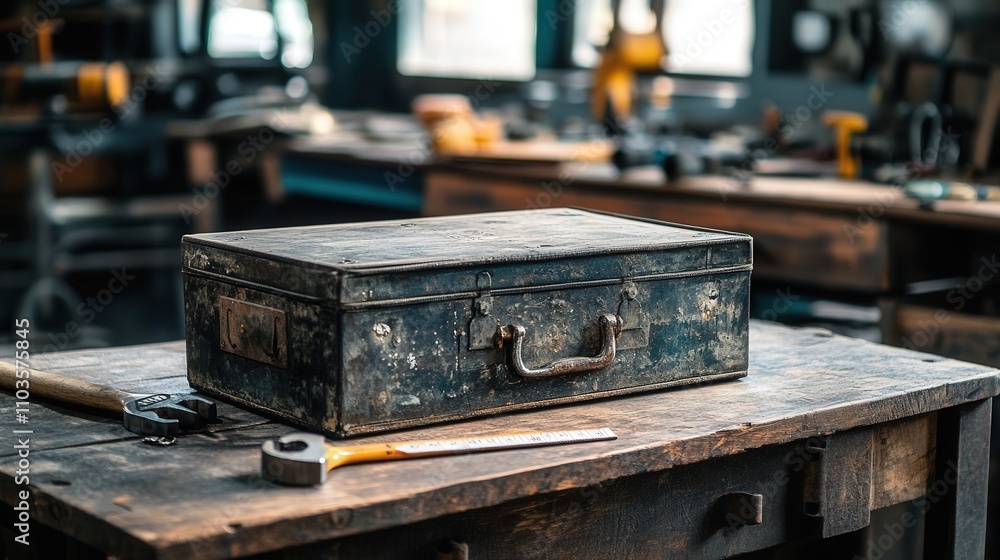 A large metal toolbox placed on a workbench, filled with tools like a hammer, wrench, and measuring tape A large metal toolbox placed on a workbench, filled with tools like a hammer, wrench, and measuring tape