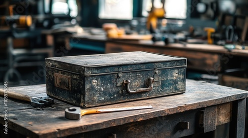 A large metal toolbox placed on a workbench, filled with tools like a hammer, wrench, and measuring tape