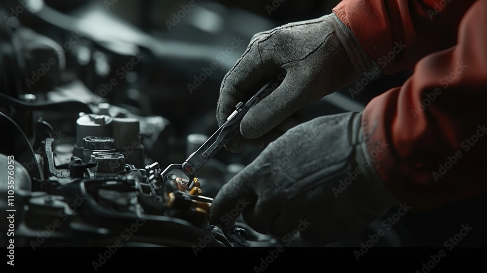 A mechanic using pliers to adjust a component on a car's engine. The tool is perfectly gripped, A mechanic using pliers to adjust a component on a car's engine. The tool is perfectly gripped,