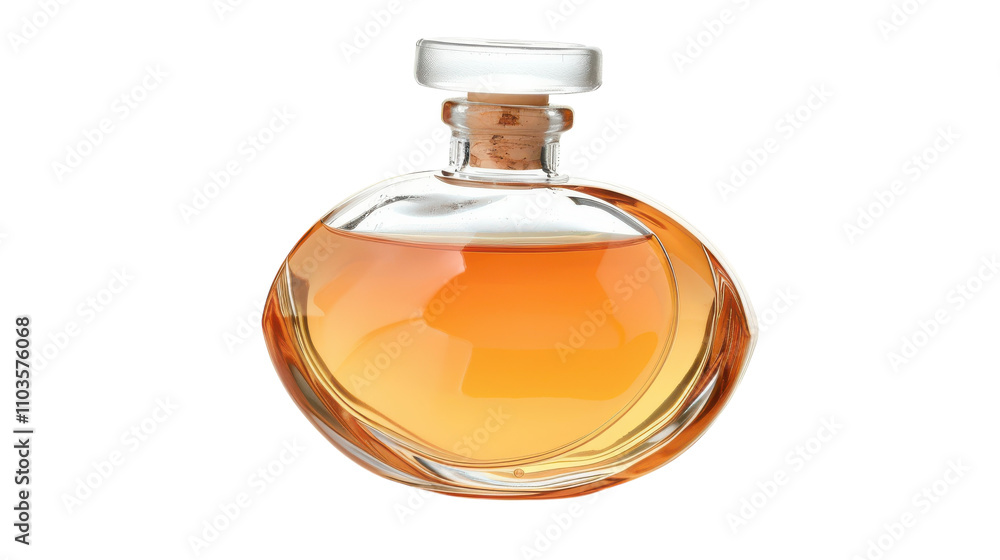 Elegant glass perfume bottle containing amber liquid displayed on white background in a well-lit environment. Elegant glass perfume bottle containing amber liquid displayed on white background in a well-lit environment.