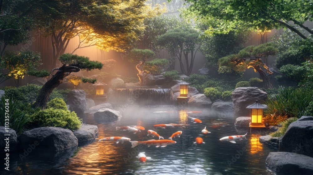 Serene garden pond with koi fish, lanterns, and lush greenery. Serene garden pond with koi fish, lanterns, and lush greenery.