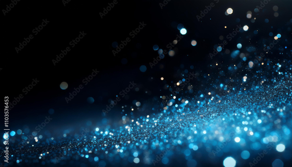 Blue particles on black background with cinematic atmosphere. Glittering sparkling bokeh overlay with copy space for text. Blue particles on black background with cinematic atmosphere. Glittering sparkling bokeh overlay with copy space for text.