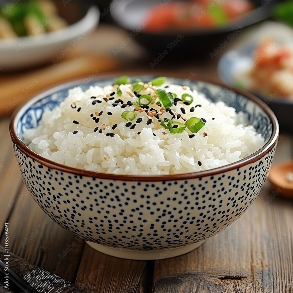 Japanese Rice Bowl with Seasoned Black Sesame - Traditional East Asian Dining Scene Japanese Rice Bowl with Seasoned Black Sesame - Traditional East Asian Dining Scene