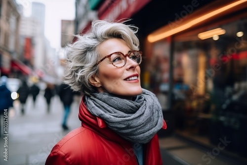 Portrait of a beautiful middle-aged woman in red jacket and glasses