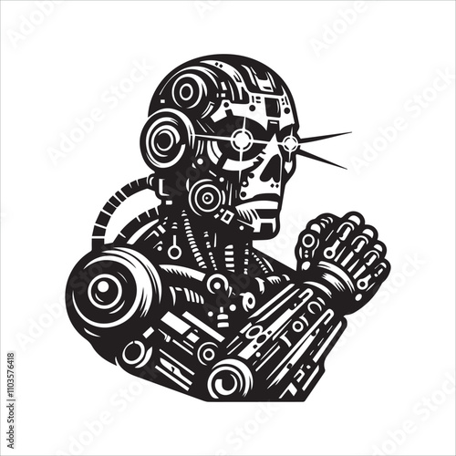 Powerful robot in a bold, vintage style. A striking black and white illustration of a futuristic robot.