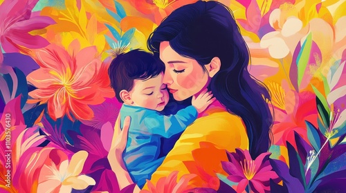 A modern illustration of a mother holding a toddler against a vibrant floral background with 'Happy Mother's Day' text in bold and colorful font, 