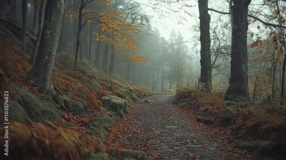 Fototapeta premium Misty Autumn Forest Pathway with Golden Leaves and Foggy Atmosphere
