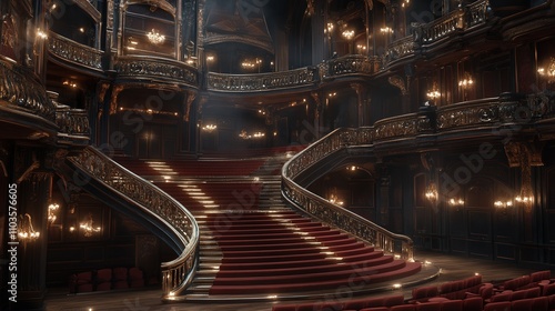 A multi-tiered staircase in a grand theater, with velvet red seats on each level. photo