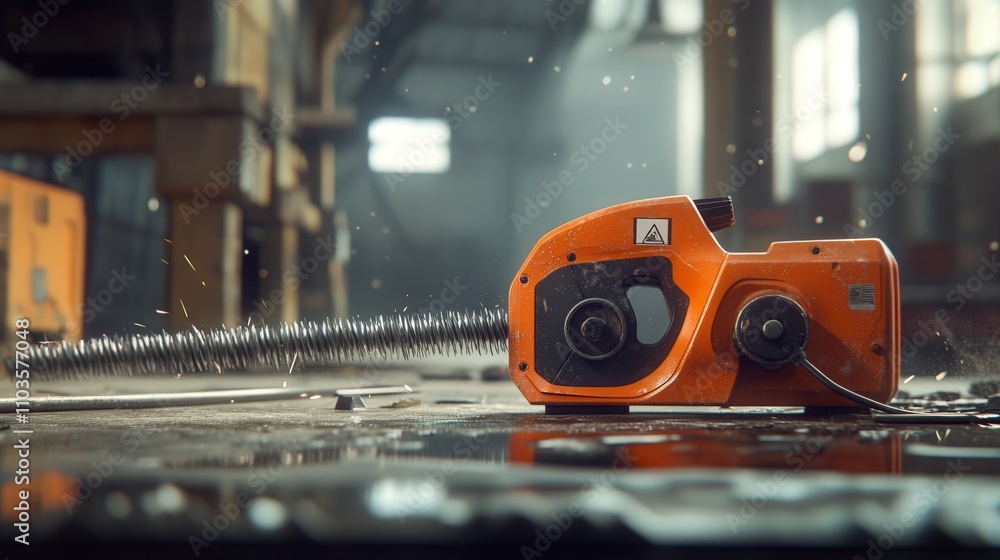 An electric saw cutting through a metal rod as part of a construction task. An electric saw cutting through a metal rod as part of a construction task.