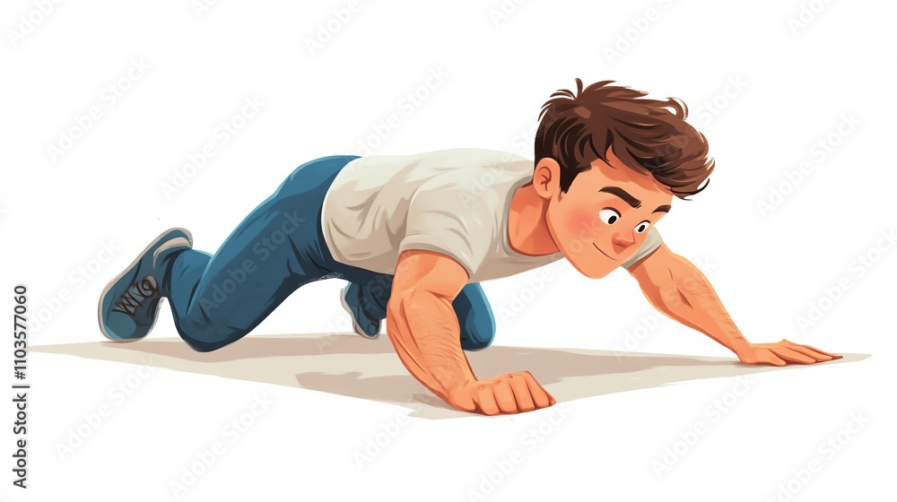 a 2D cartoon illustration of a man doing a plank exercise, strong and determined, white background--ar 16:9