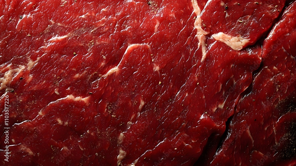 Extreme close-up of marbled beef texture showing detailed meat grain and white fat marbling patterns, vibrant red coloring with professional food photography lighting. Extreme close-up of marbled beef texture showing detailed meat grain and white fat marbling patterns, vibrant red coloring with professional food photography lighting.