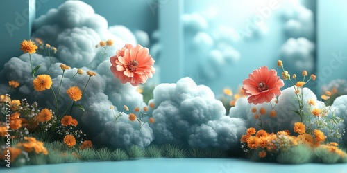 Logo design cheerful clouds and colorful floral elements cute style light green background colorful elements bright colors cartoon illustration style 3D rendering effect The logo comprises soft 