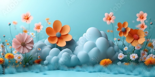 Logo design cheerful clouds and colorful floral elements cute style light green background colorful elements bright colors cartoon illustration style 3D rendering effect The logo comprises soft 