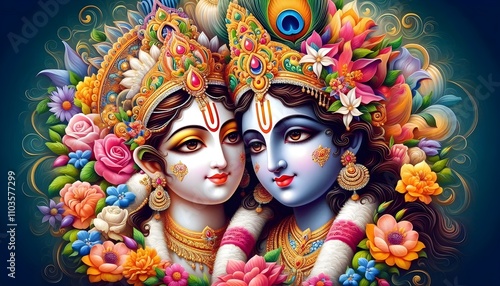 Vibrant Portrait of Lord Krishna and Radha Surrounded by Flowers