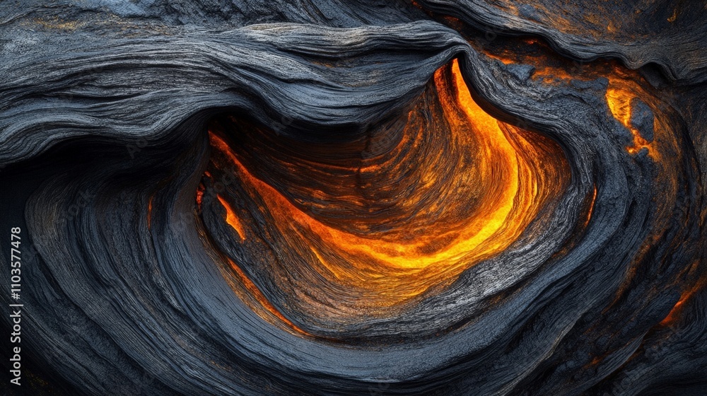 Fototapeta premium Mesmerizing molten lava flowing through dark volcanic rock patterns.