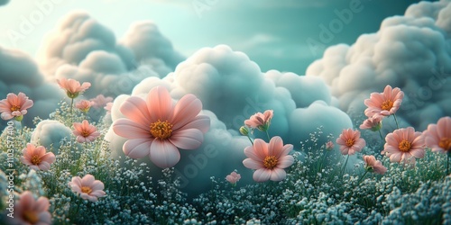 Logo design cheerful clouds and colorful floral elements cute style light green background colorful elements bright colors cartoon illustration style 3D rendering effect The logo comprises soft 