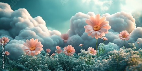 Logo design cheerful clouds and colorful floral elements cute style light green background colorful elements bright colors cartoon illustration style 3D rendering effect The logo comprises soft 