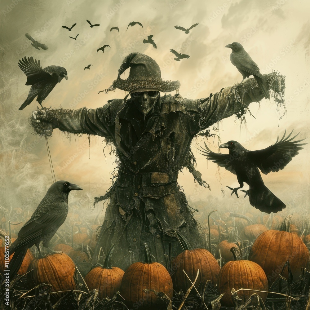 Fototapeta premium A spooky scarecrow stands amidst pumpkins, surrounded by crows, evoking a haunting autumn atmosphere.