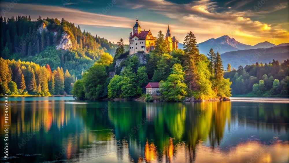 Fototapeta premium Enchanting Lake Surrounded by Lush Forests and a Majestic Castle on an Island in the Distance, Perfect for Fantasy and Nature Lovers