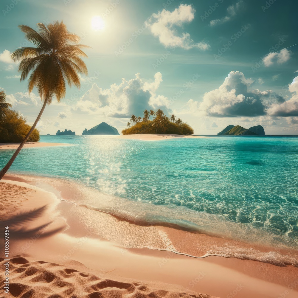 Fototapeta premium Sandy tropical beach with island on background 