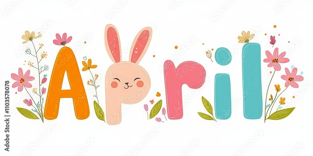April Easter Banner with Bunny Ears and Flowers April Easter Banner with Bunny Ears and Flowers