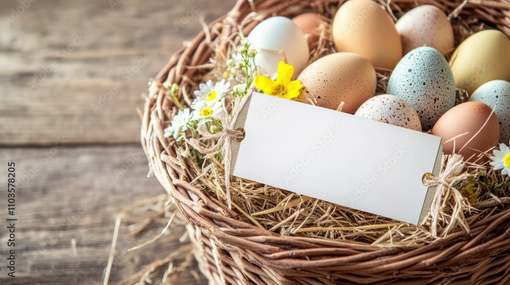 Colorful Easter Eggs in Basket with Blank Card on Wooden Surface Colorful Easter Eggs in Basket with Blank Card on Wooden Surface