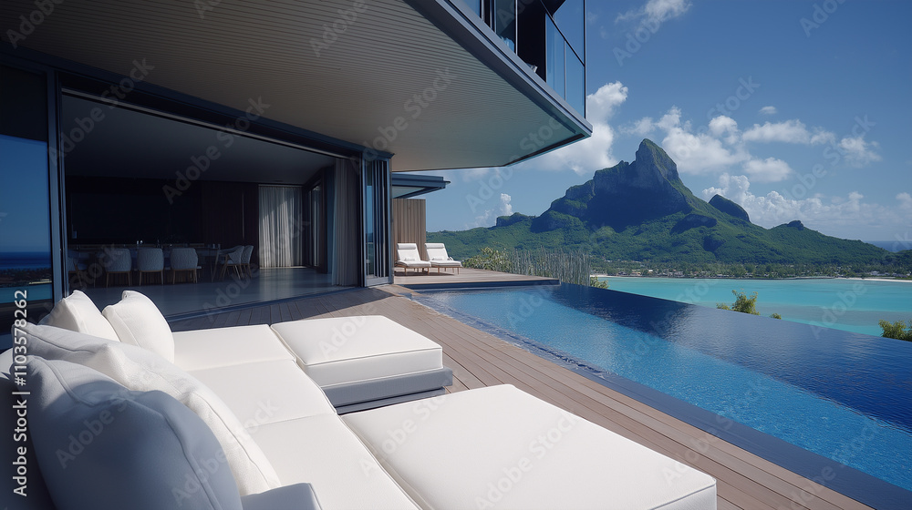 Fototapeta premium Modern resort featuring stunning ocean views and a serene infinity pool