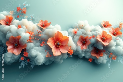 Logo design floating clouds and vibrant flowers cute style light green background colorful elements bright colors cartoon illustration style 3D rendering effect The logo comprises soft clouds 