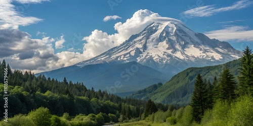 Majestic snow-capped mountain and serene valley under a blue sky