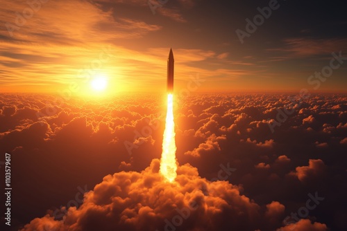 rocket ascends sea golden clouds