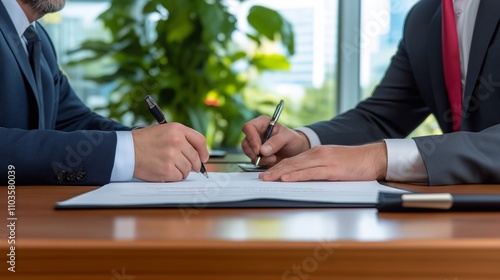 Close up, two unrecognizable businessmen, customer and sales manager sit at desk, agent and client making commercial deal in moment of signing formal document, conclude agreement, legal transactions.