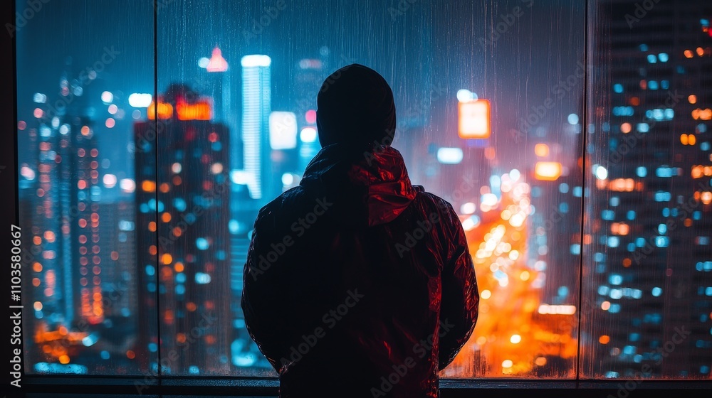 Silhouette of Man Watching City Lights in Nightscape Silhouette of Man Watching City Lights in Nightscape