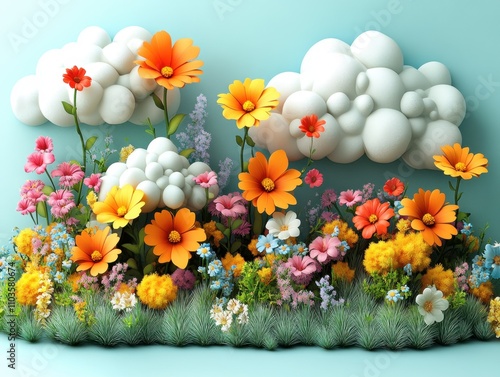 Logo design happy clouds and colorful flowers cute style light green background colorful elements bright colors cartoon illustration style 3D rendering effect The logo comprises cartoon clouds 