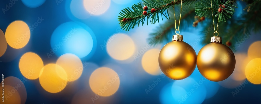 Beautiful golden Christmas ornaments hanging on a pine branch with a colorful bokeh background Beautiful golden Christmas ornaments hanging on a pine branch with a colorful bokeh background