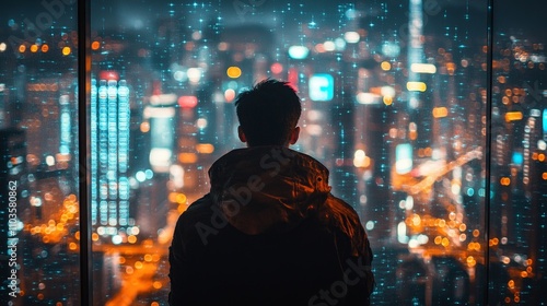 Silhouette of Man Watching City Lights in Nightscape