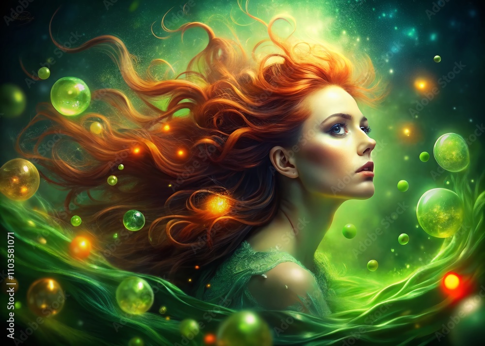 Enchanting Scene of a Woman with Flowing Red Hair Submerged in Swirling Green Liquid Surrounded by Glowing Orbs and Tendrils for Captivating Visuals and Artistic Concepts Enchanting Scene of a Woman with Flowing Red Hair Submerged in Swirling Green Liquid Surrounded by Glowing Orbs and Tendrils for Captivating Visuals and Artistic Concepts