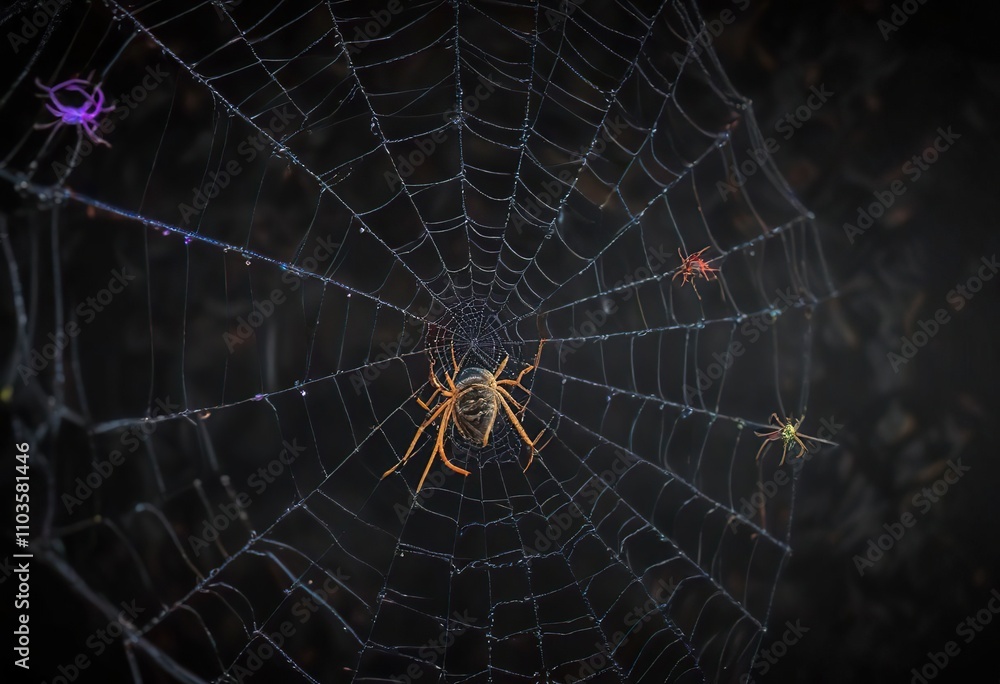 A colorful illustration of spiders and webs on a black background, dark backgrounds, creepy crawlies, creepy atmospheres