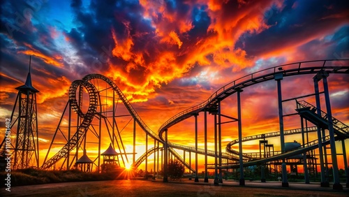 Enchanting Silhouette of Thrilling Rollercoasters Against a Sunset Sky in Biddinghuizen's Amusement Park, Capturing the Excitement and Adventure of Theme Park Experiences photo