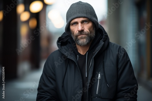 Portrait of a bearded man in a black jacket and hat.