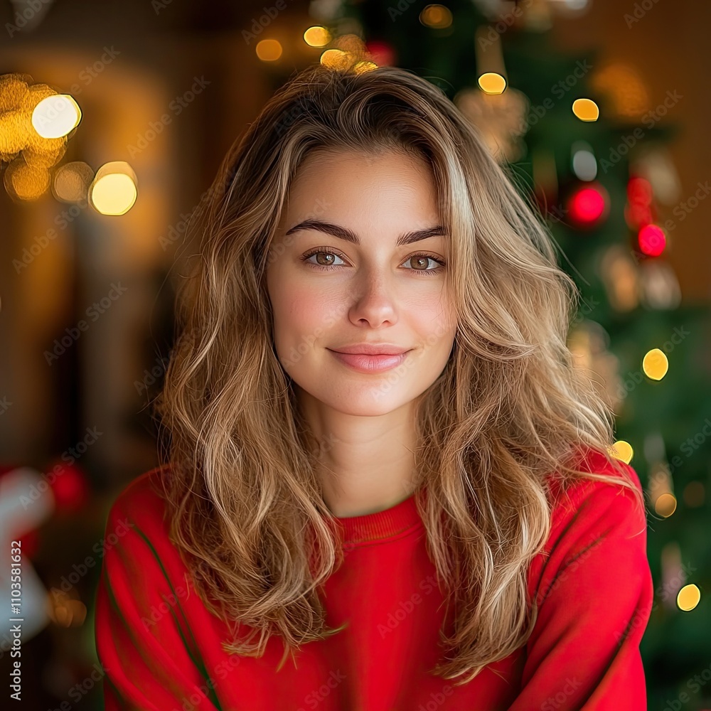 Beautiful Woman in Red Sweatshirt by Christmas Tree Beautiful Woman in Red Sweatshirt by Christmas Tree
