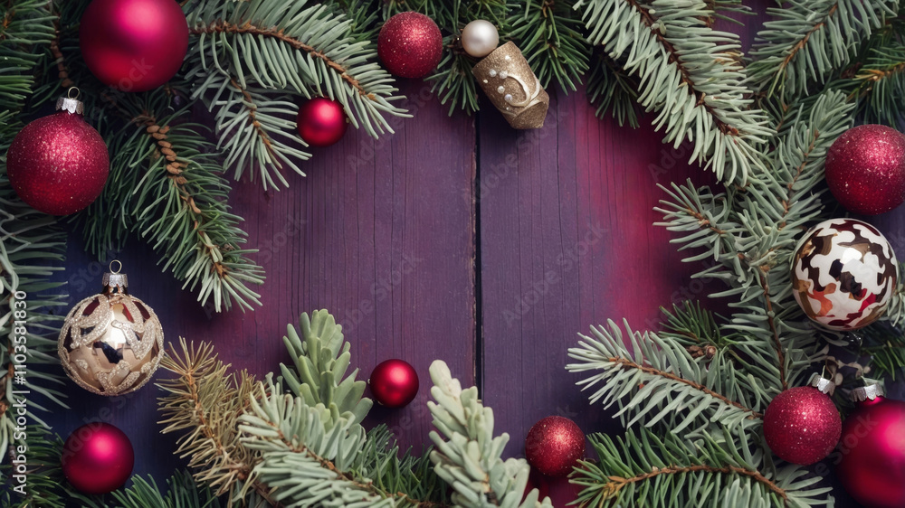 Decorative holiday arrangement with red ornaments and evergreen branches on a wooden surface Decorative holiday arrangement with red ornaments and evergreen branches on a wooden surface