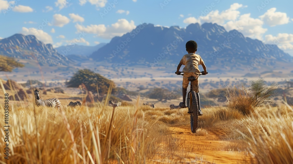 Joyful African Child Cycling Across Savannah Landscape Joyful African Child Cycling Across Savannah Landscape