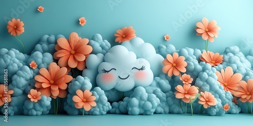 Logo design playful clouds and bright blooms cute style light green background colorful elements bright colors cartoon illustration style 3D rendering effect The logo comprises soft clouds and 