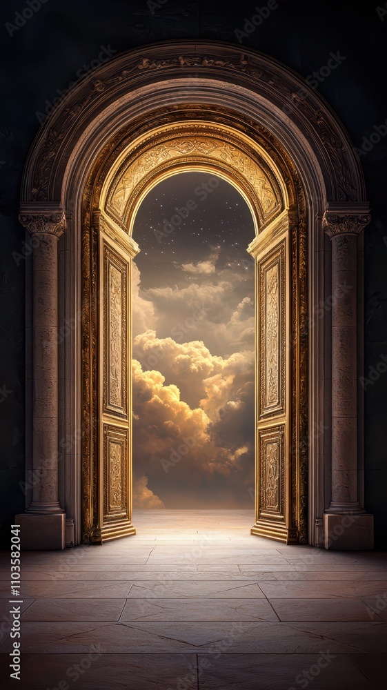 Fototapeta premium An ornate doorway opens to a breathtaking sky, inviting viewers to explore the ethereal realm beyond.