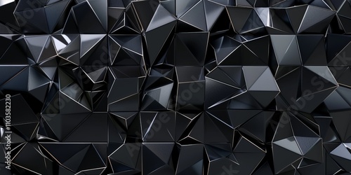 Equilateral triangular tiles arranged to create an onyx black wall, with a polished, futuristic background formed from 3D heptagonal blocks. 3D Render. photo