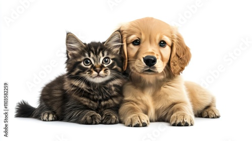 Adorable Puppy and Kitten Together on White Background