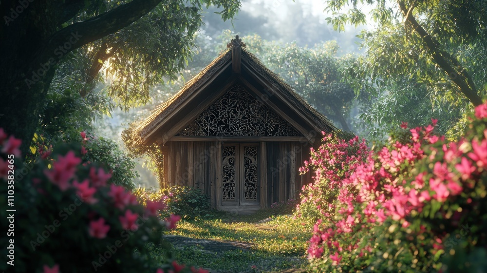 A serene wooden house surrounded by vibrant flowers in a lush, tranquil setting. A serene wooden house surrounded by vibrant flowers in a lush, tranquil setting.